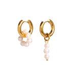 Asymmetric pearl loop and pearl drop hoop pair