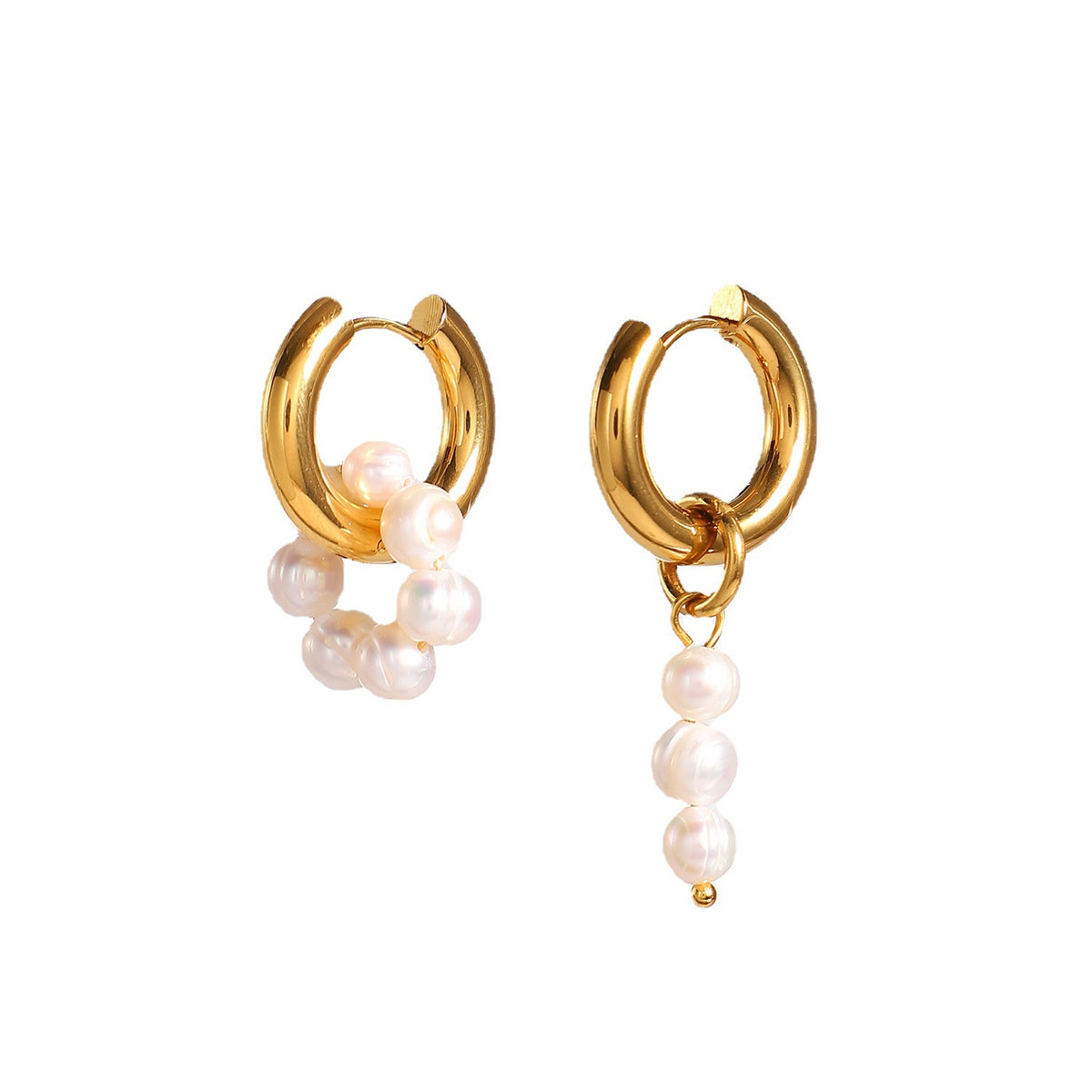 Asymmetric pearl loop and pearl drop hoop pair