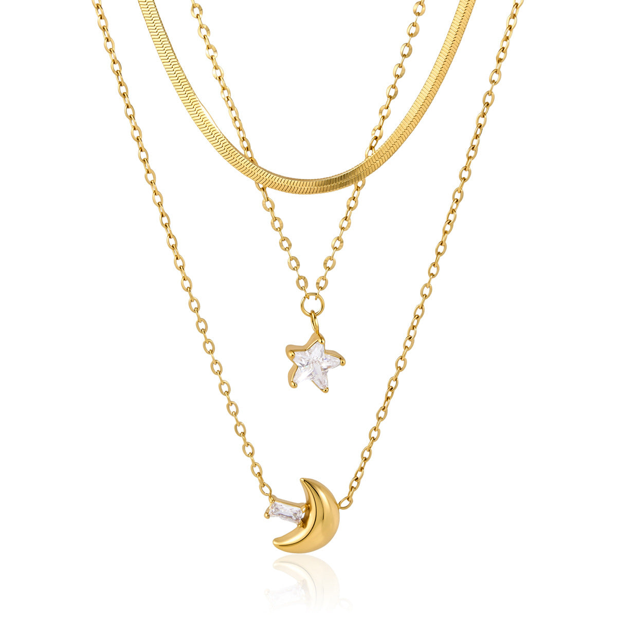 Flat chain star and crescent necklace on white background