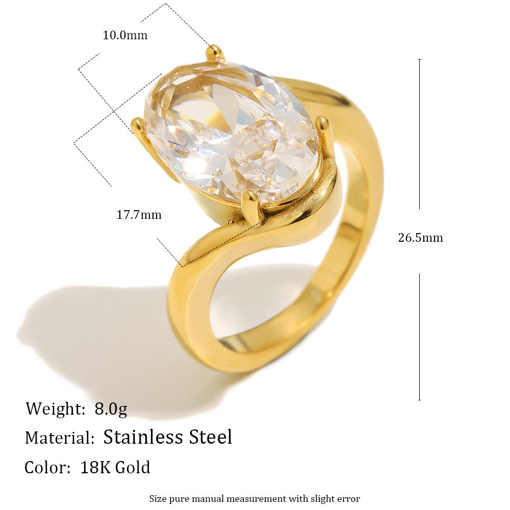 gold plated oval clear-stone ring with dimensions and listed weight