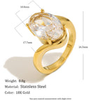 gold plated oval clear-stone ring with dimensions and listed weight