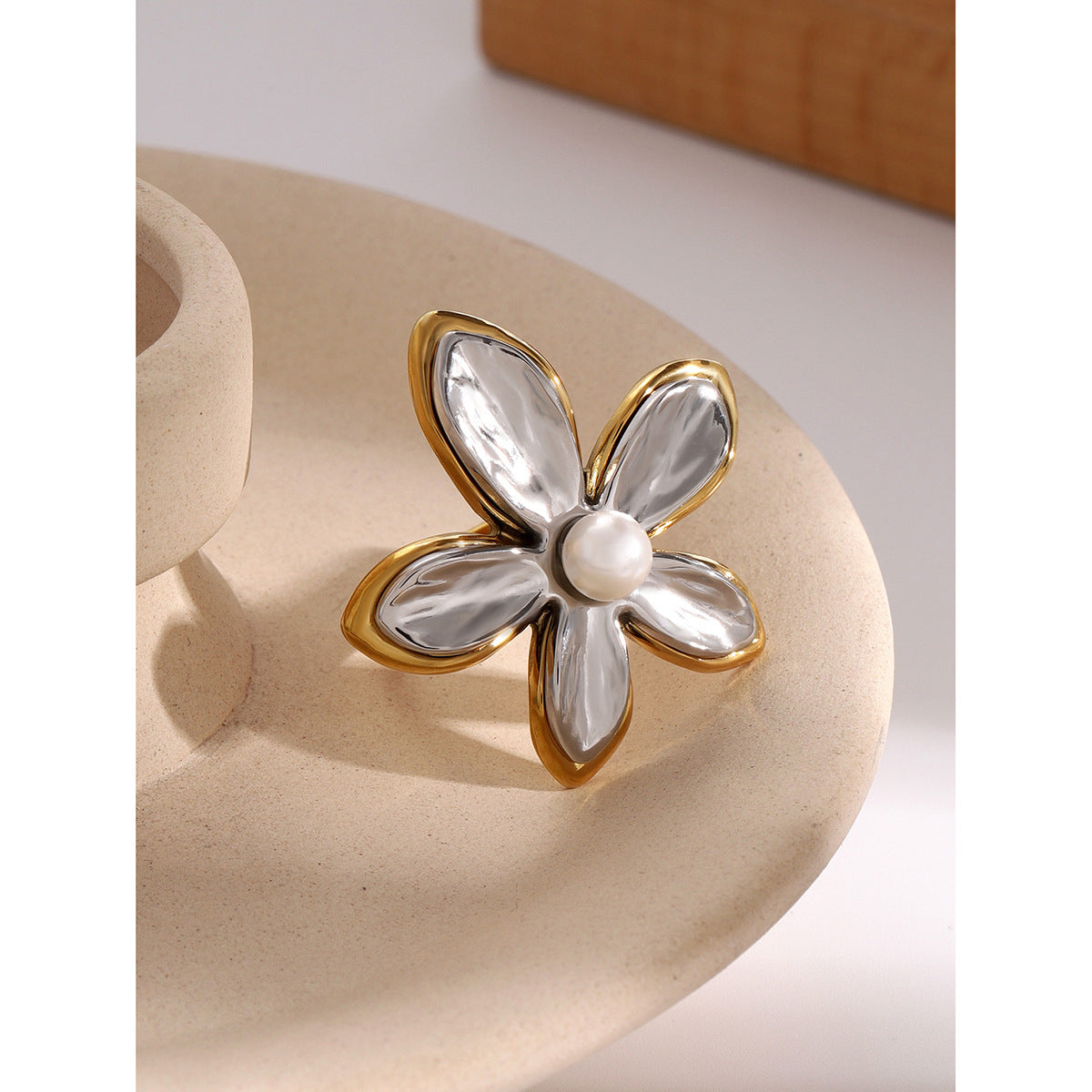 Gold-Tone Floral Stainless Steel Earrings and Rings styled product view