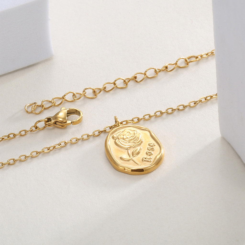 gold plated rose medallion necklace with clasp and extension chain