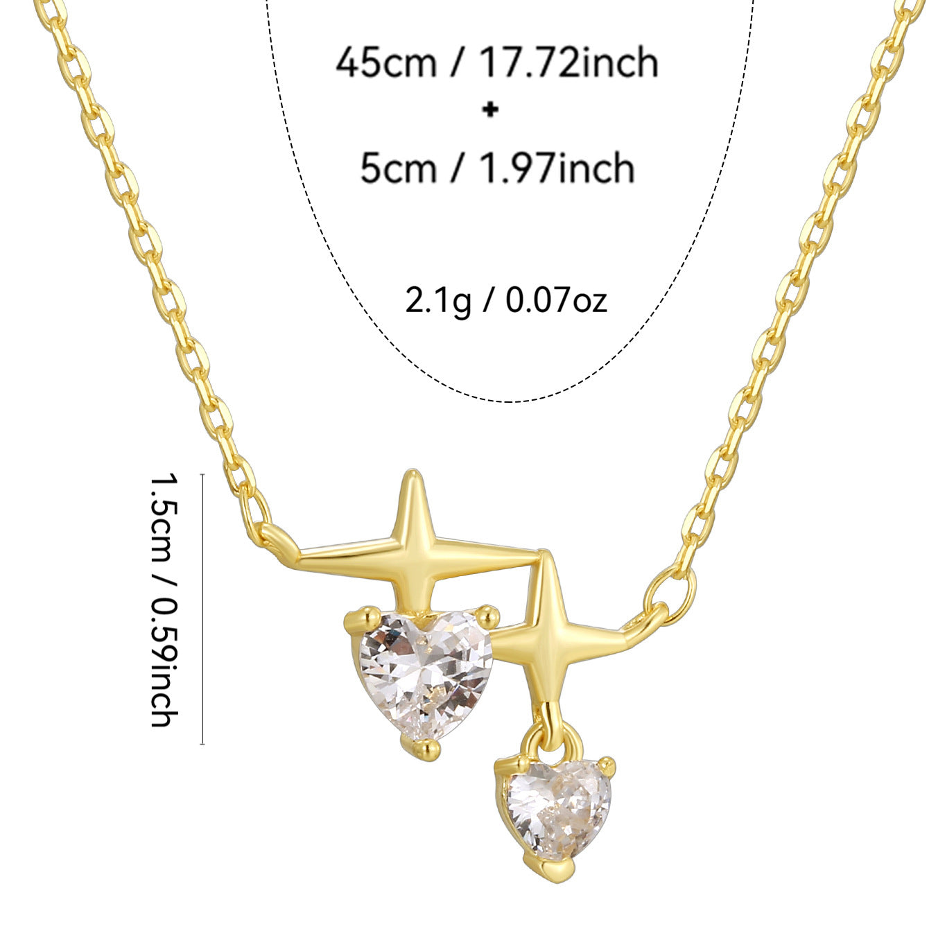 size guide showing 45 cm chain and 5 cm extension on star necklace