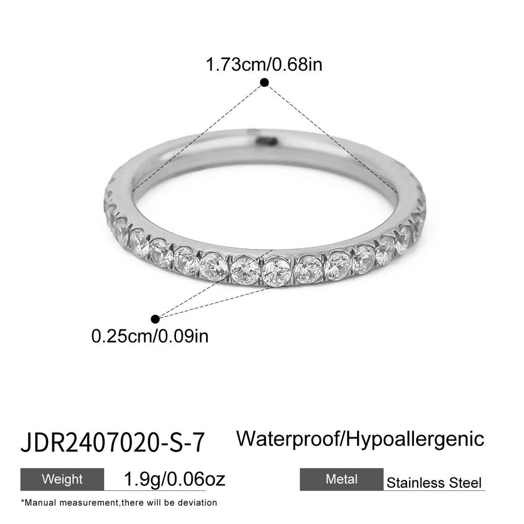 Clear stone steel-color band with measurements