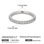 Clear stone steel-color band with measurements