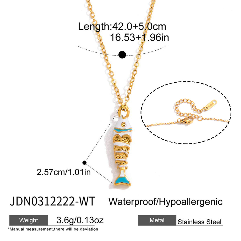 White fish pendant necklace with size annotations