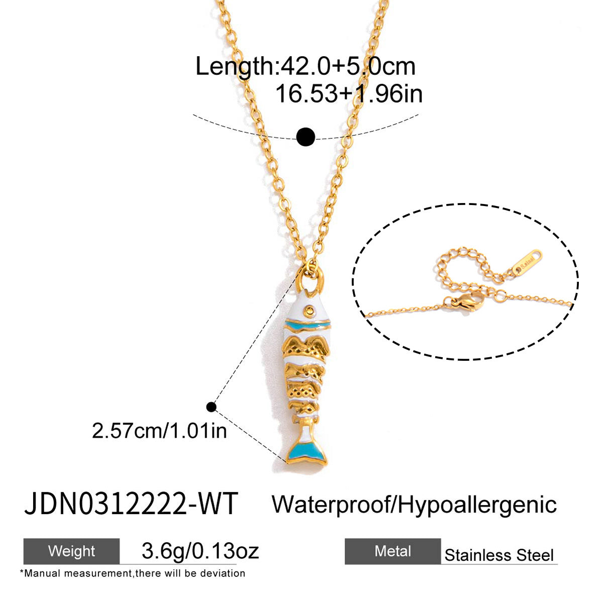 White fish pendant necklace with size annotations