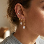 Asymmetric link drop earrings worn with reference ear jewelry