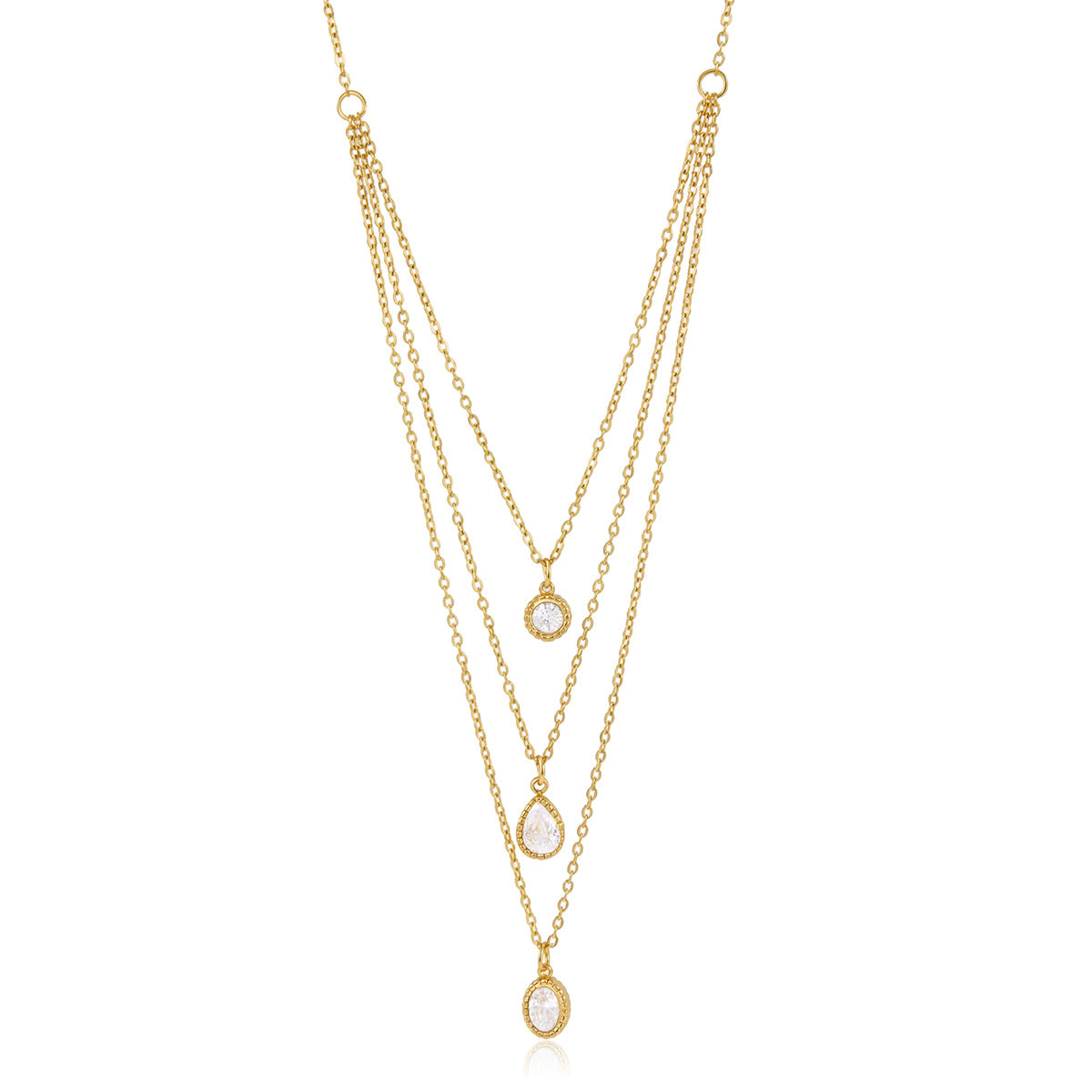 Full view of three graduated chain lengths and pendants