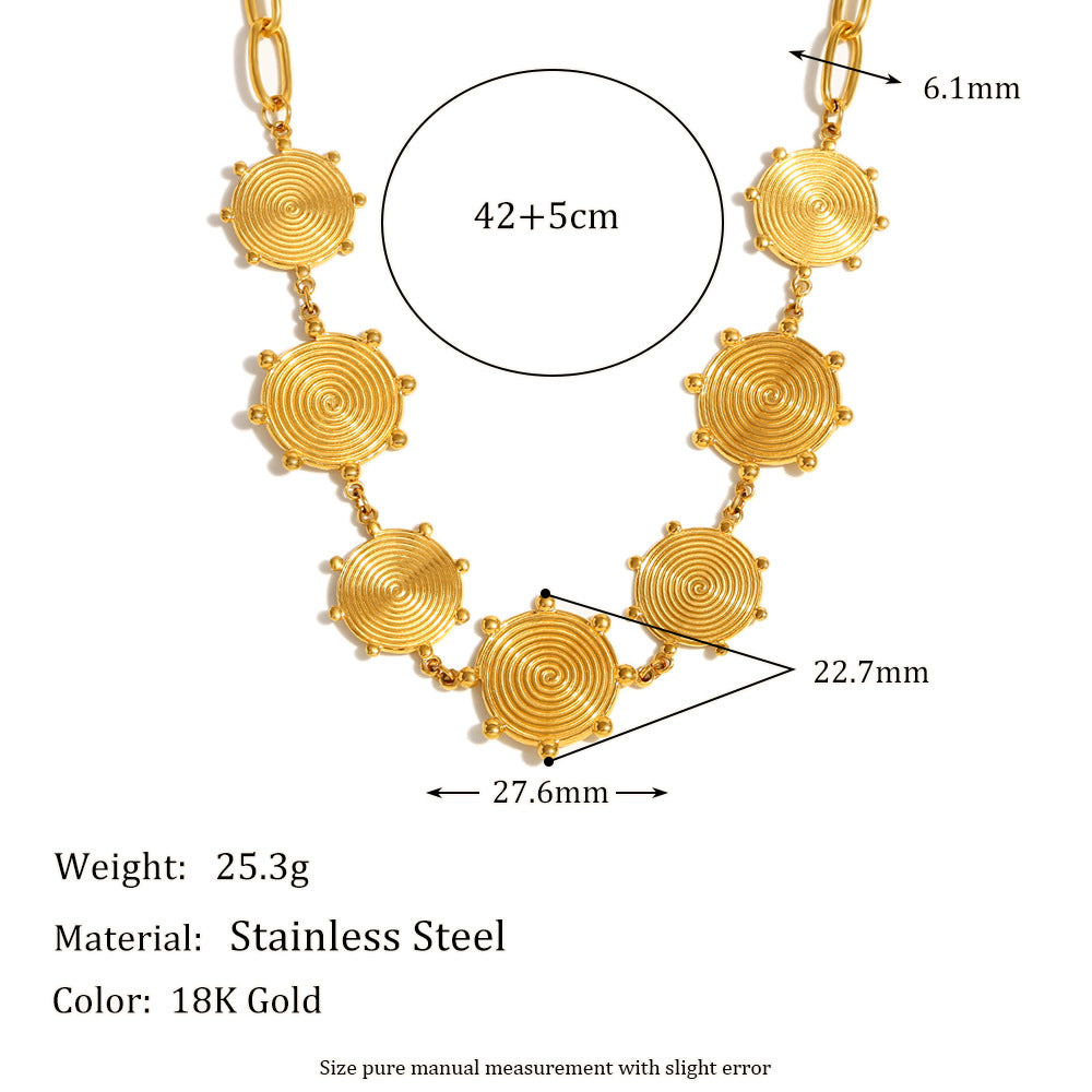 Gold Plated Stainless Steel Spiral Disc Station Necklace — dimensions and material view