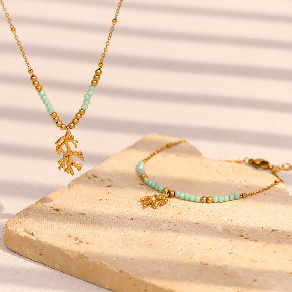 Gold plated aqua bead branch necklace and bracelet styled together