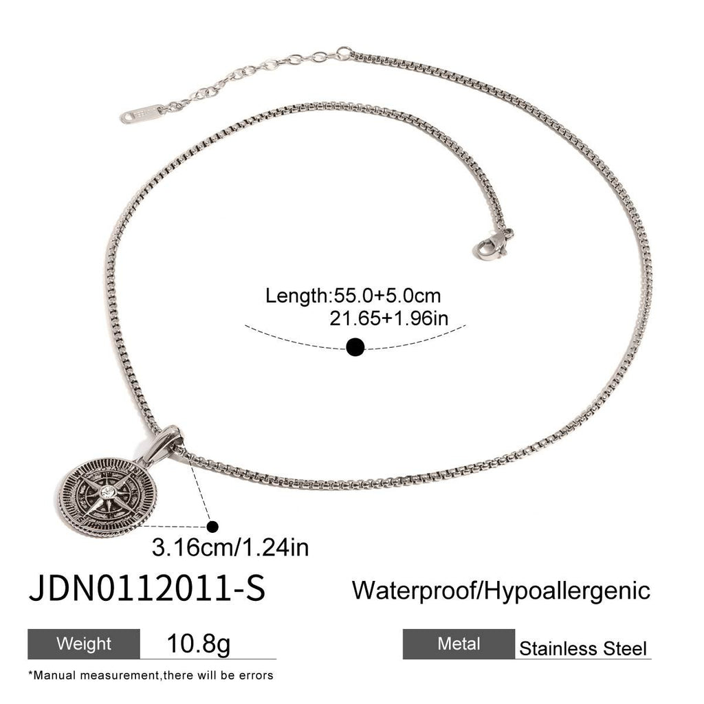 Silver-tone compass disc pendant necklace