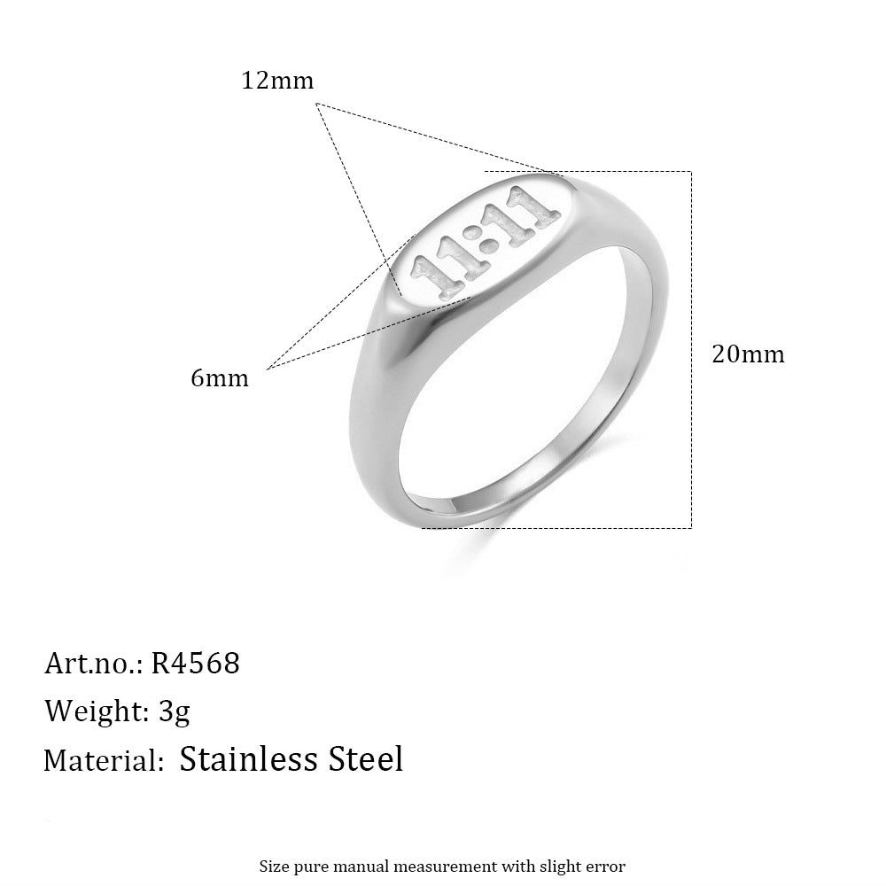 silver-finish stainless steel 11:11 signet ring with dimensions