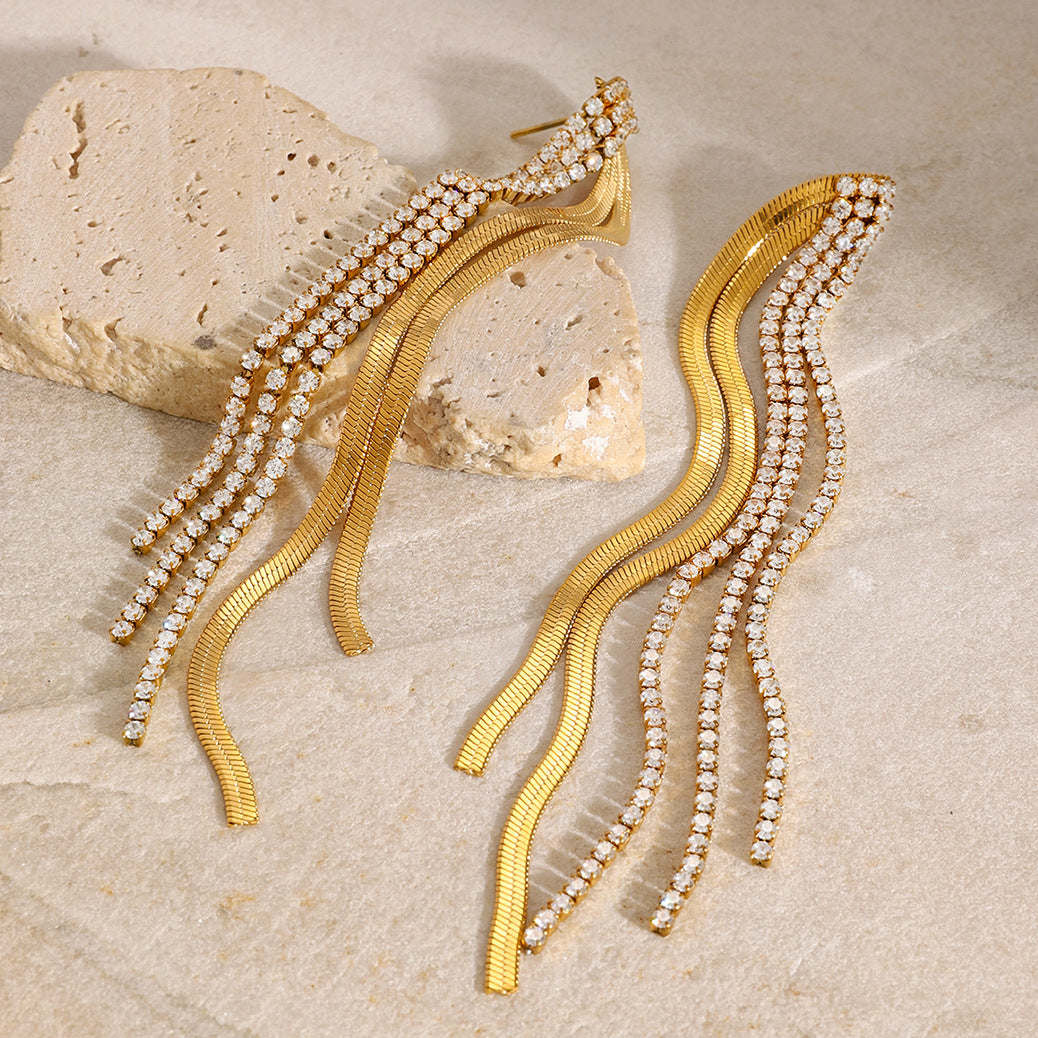 Gold-Tone Clear Accent Tassel Stainless Steel Drop Earrings — wholesale view 1