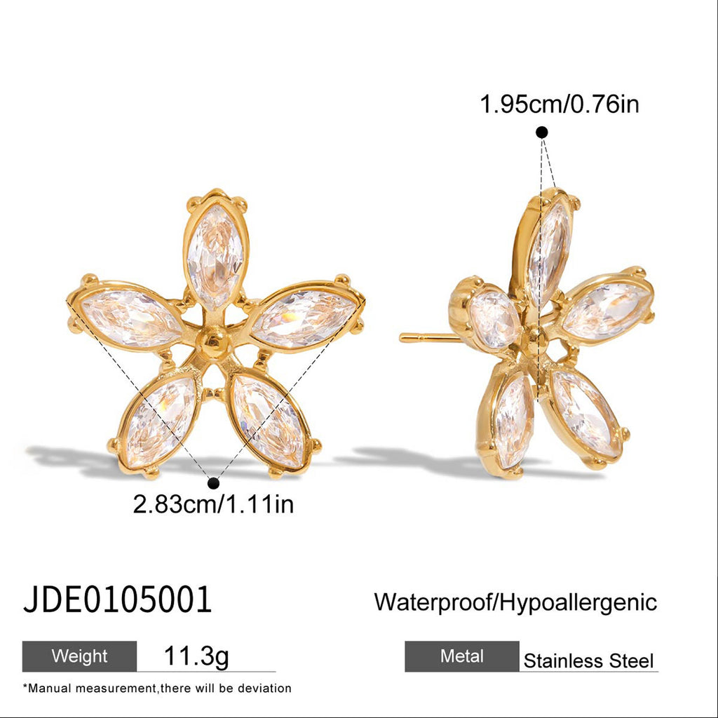 Clear stone flower stud earrings dimensions and material detail