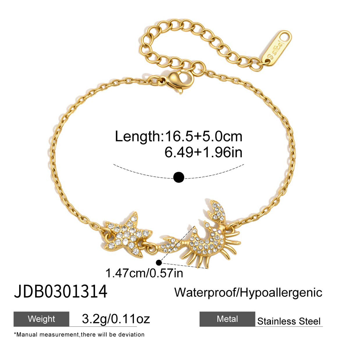 Crab and starfish bracelet with lobster clasp and extender