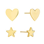 isolated gold plated heart and five-point star stud earring set