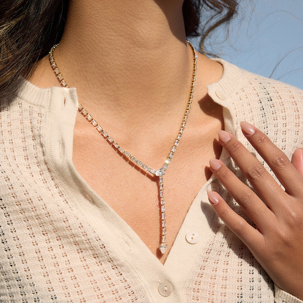 Gold-Tone Clear Stone Stainless Steel Y Necklace Collection — grouped stone Y necklace