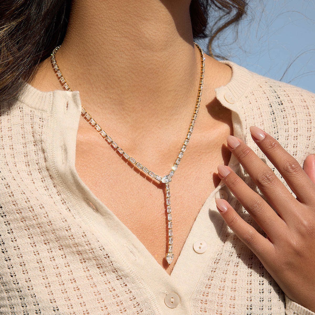 Gold-Tone Clear Stone Stainless Steel Y Necklace Collection — grouped stone Y necklace