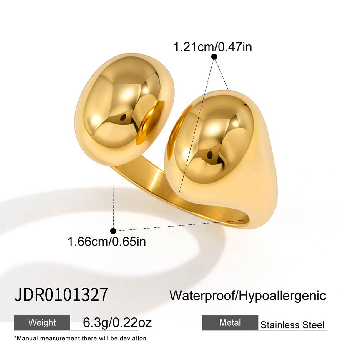 Gold tone pebble ring front and width measurements
