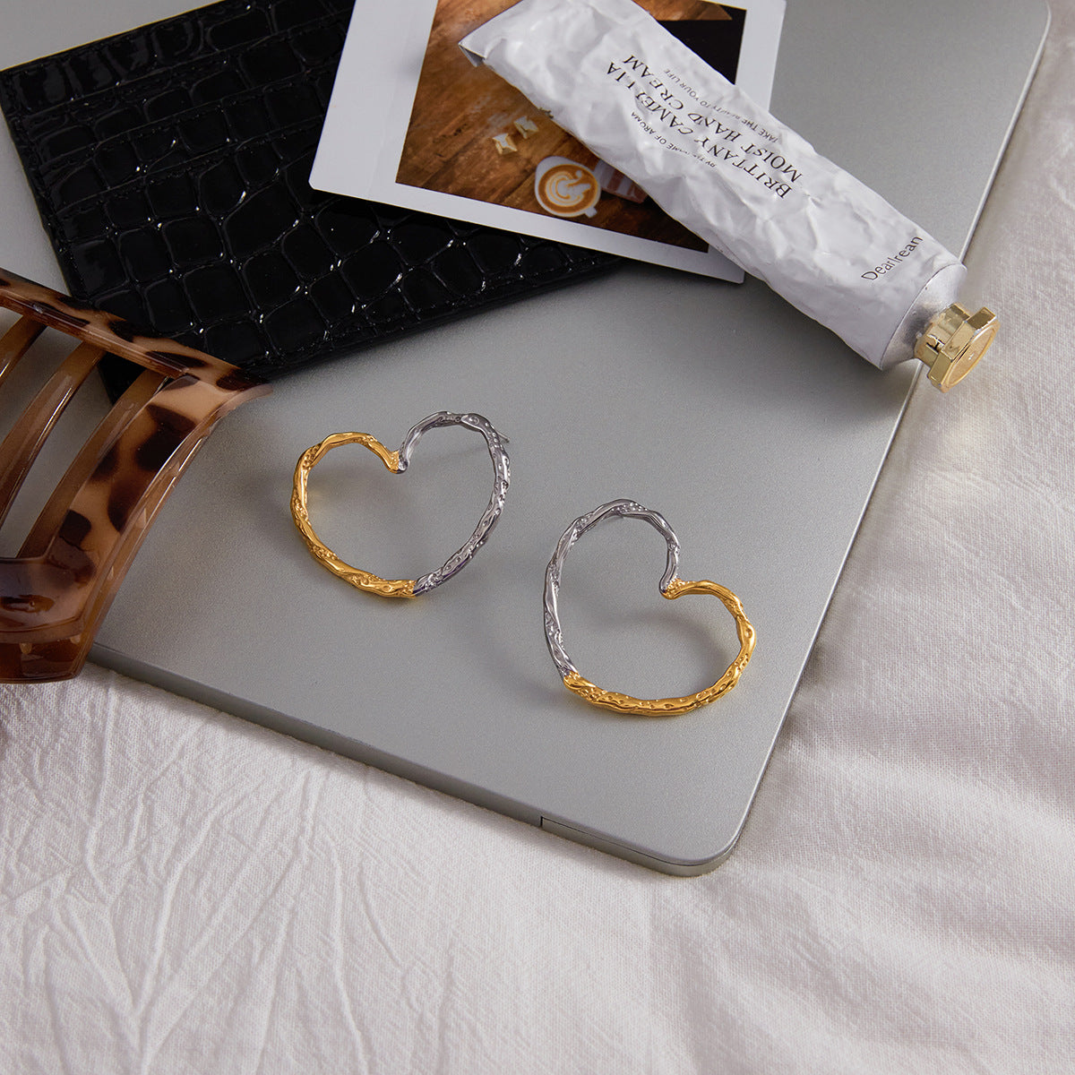 Mixed-Finish Open Heart Stainless Steel Hoop Earrings close-up product view
