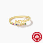 925 Sterling Silver Rainbow Zirconia MOM Ring — gold MOM lettering and rainbow stones