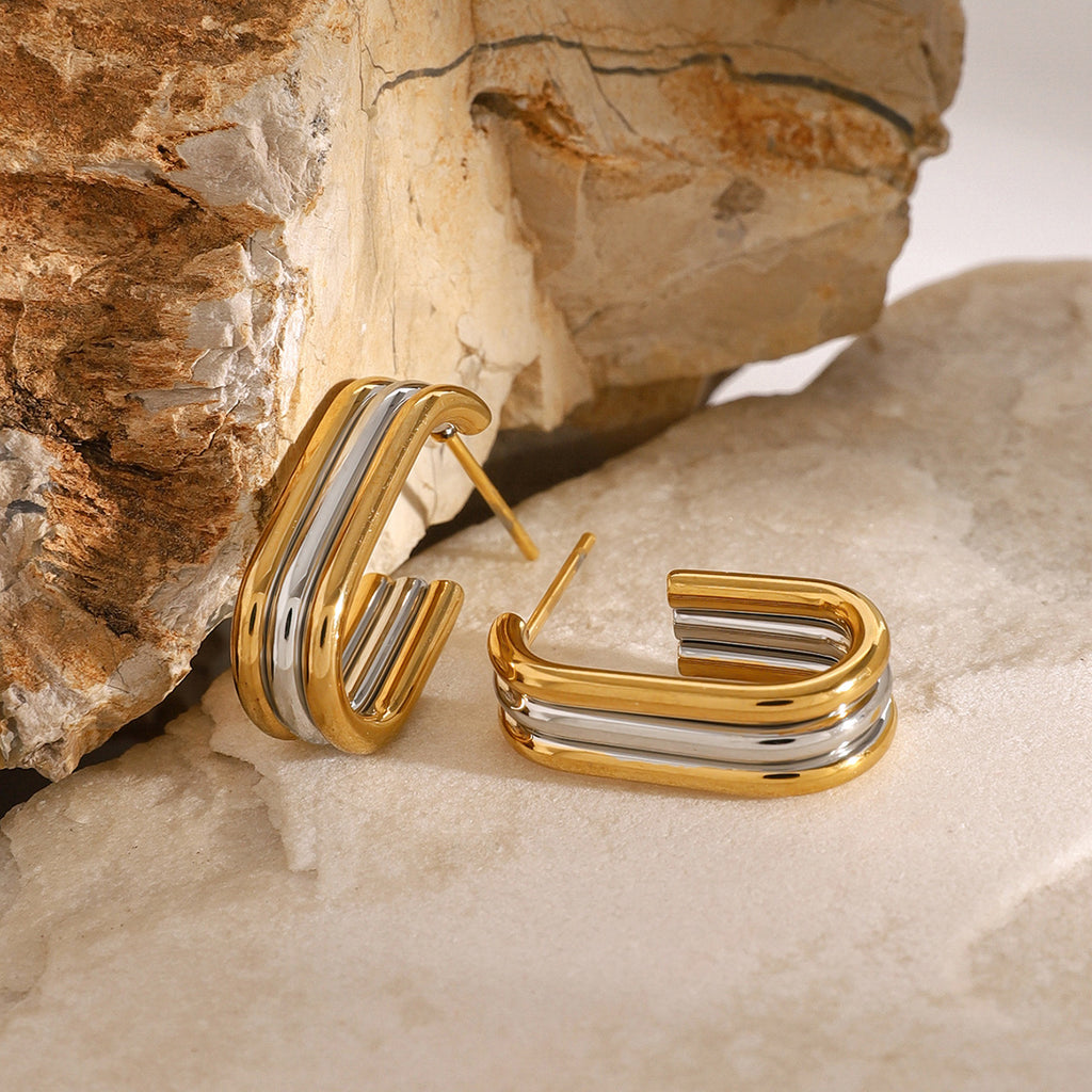 Two-Tone Triple-Line Stainless Steel Stud Earrings close-up product view