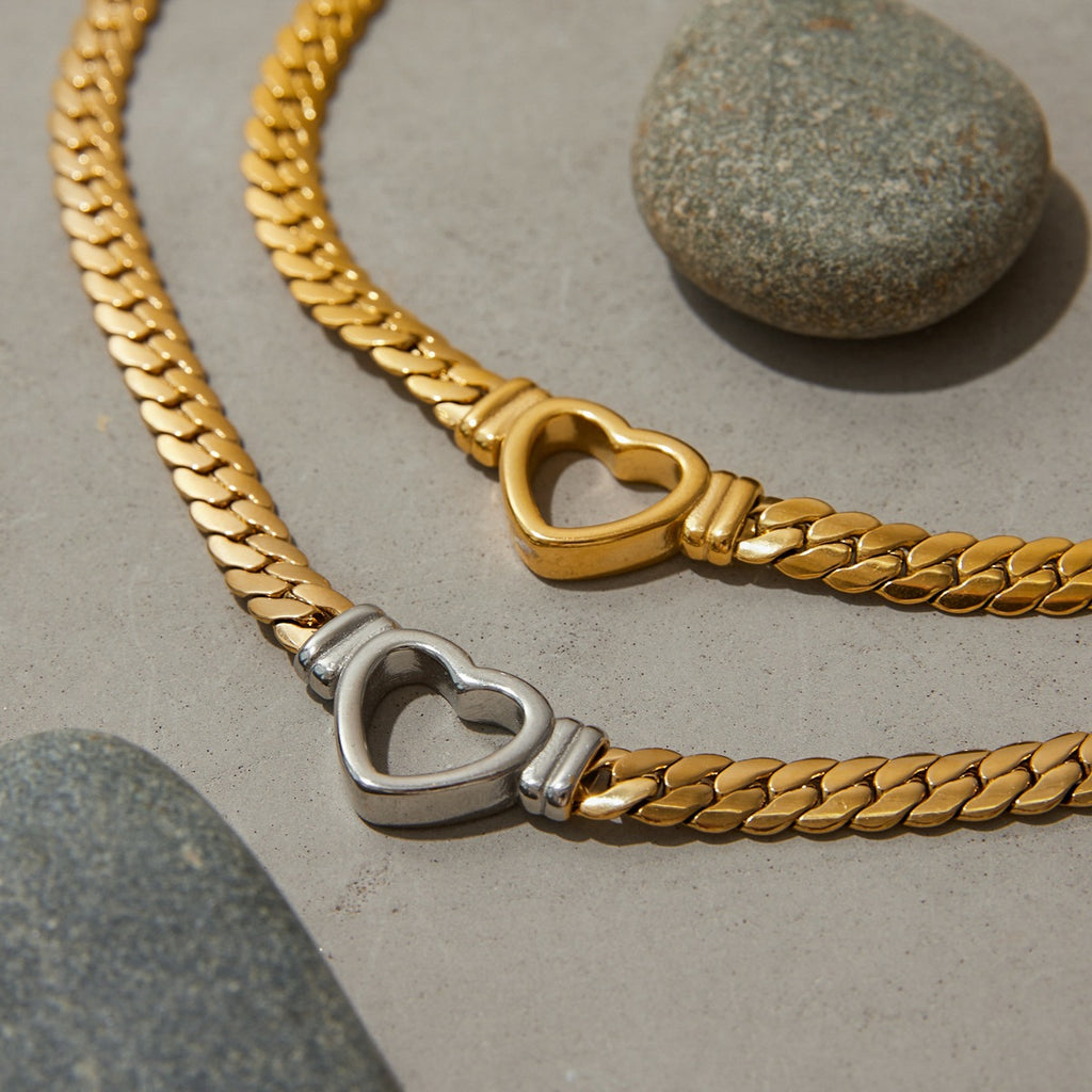 Heart Centerpiece Stainless Steel Curb Chain Necklaces — silver and gold heart necklace option