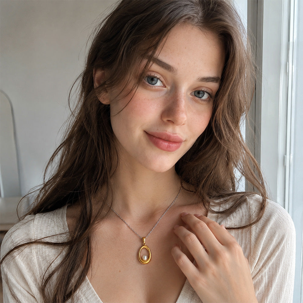 Gold Plated and Silver 316L Stainless Steel Oval Pearl Necklace — two-tone necklace worn at neckline