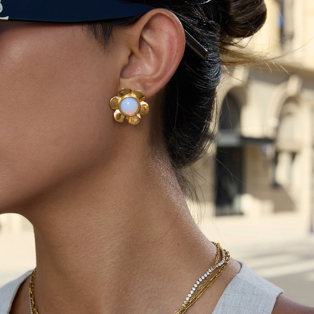 Gold Plated Opal Floral Stainless Steel Stud Earrings – close-up view