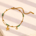 Gold Plated Stainless Steel Green Bead Starfish Double-Strand Bracelet — worn view