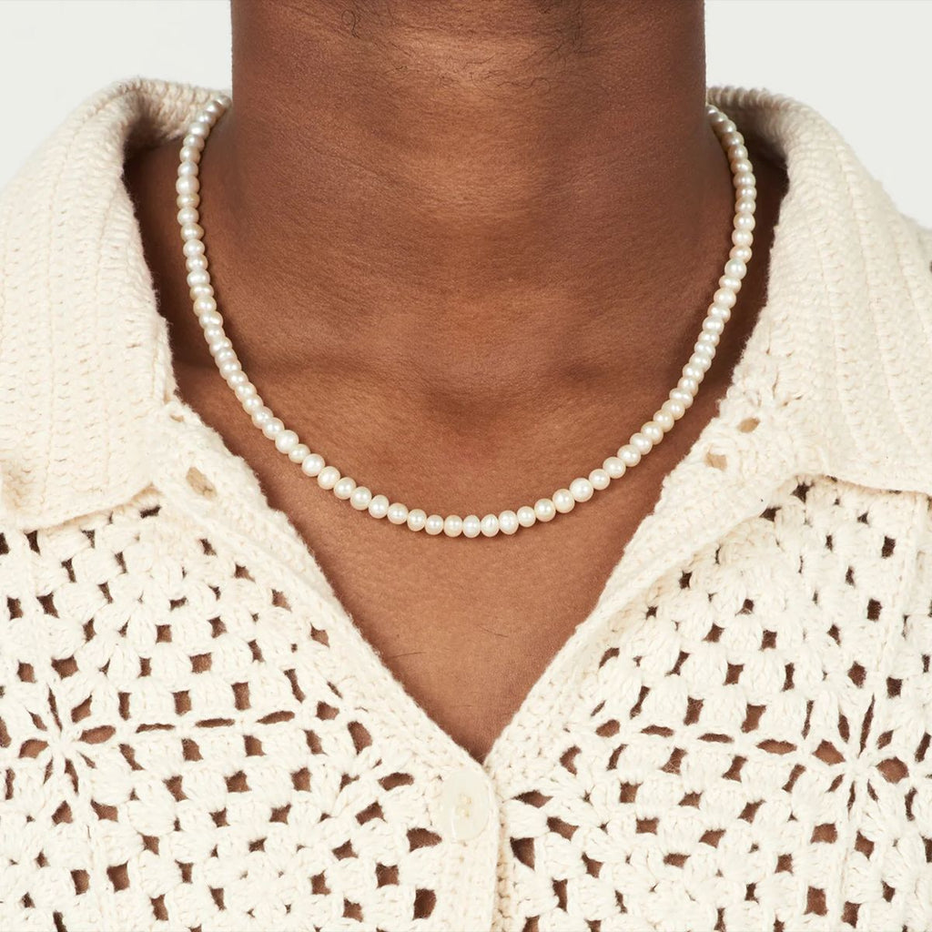 Pearl-Look Bead Stainless Steel Necklace with Ring Clasp on-model view