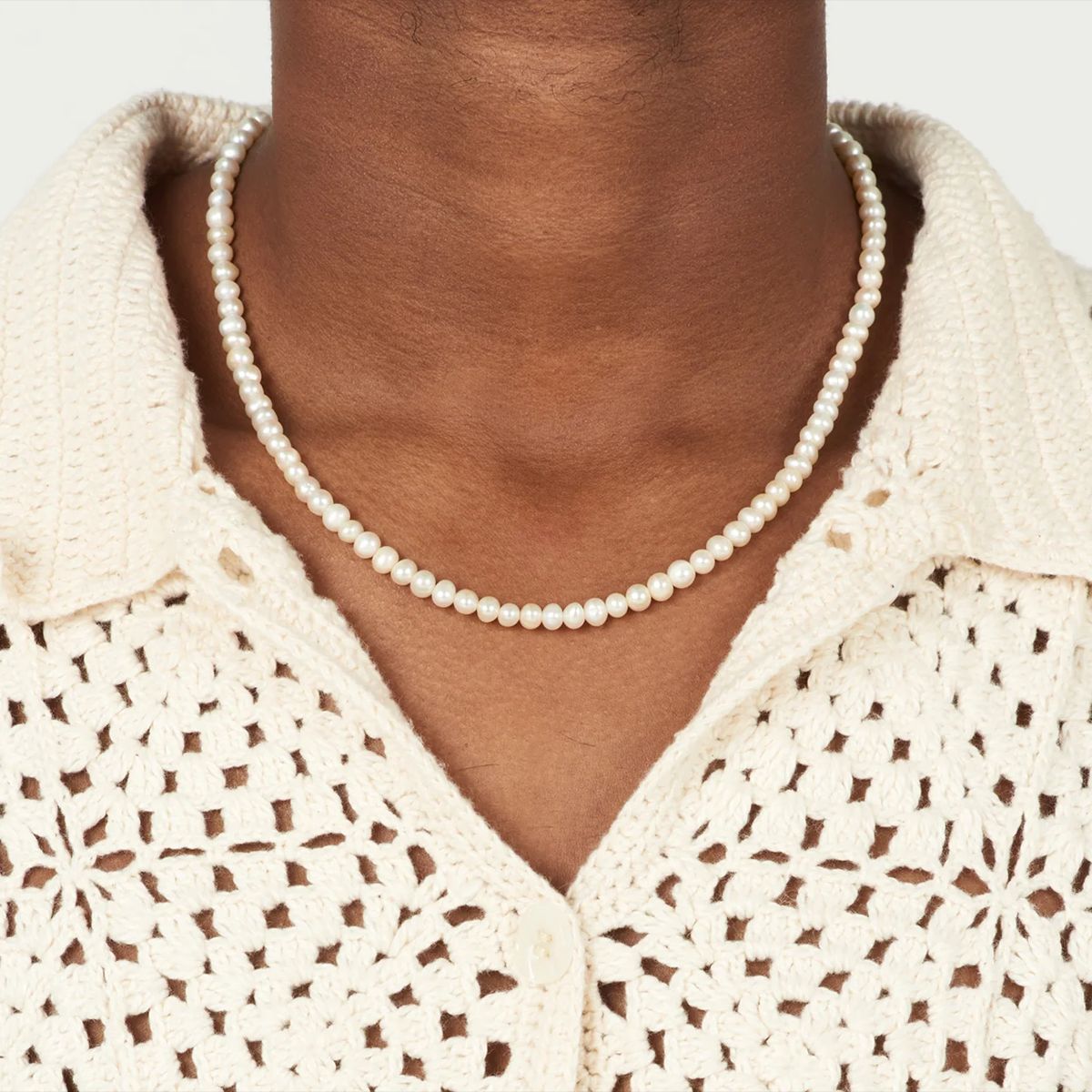 Pearl-Look Bead Stainless Steel Necklace with Ring Clasp on-model view