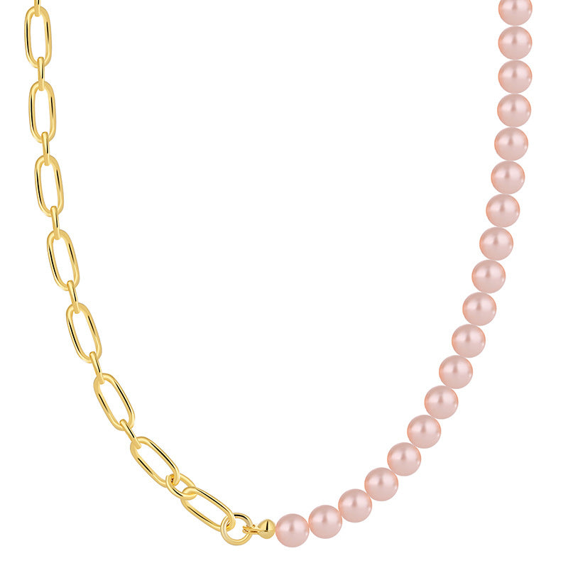isolated half-chain half-bead pink necklace