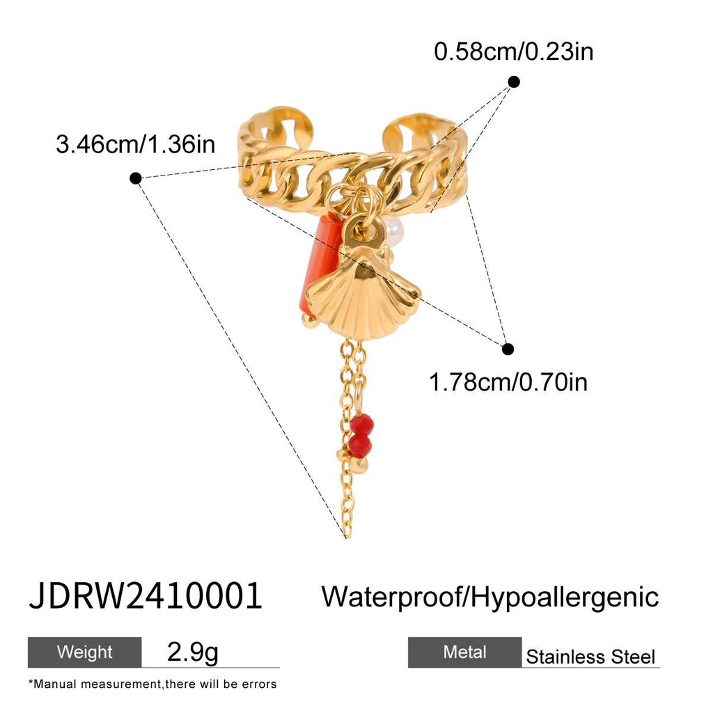 Linked open ring with shell charm and red dangling details