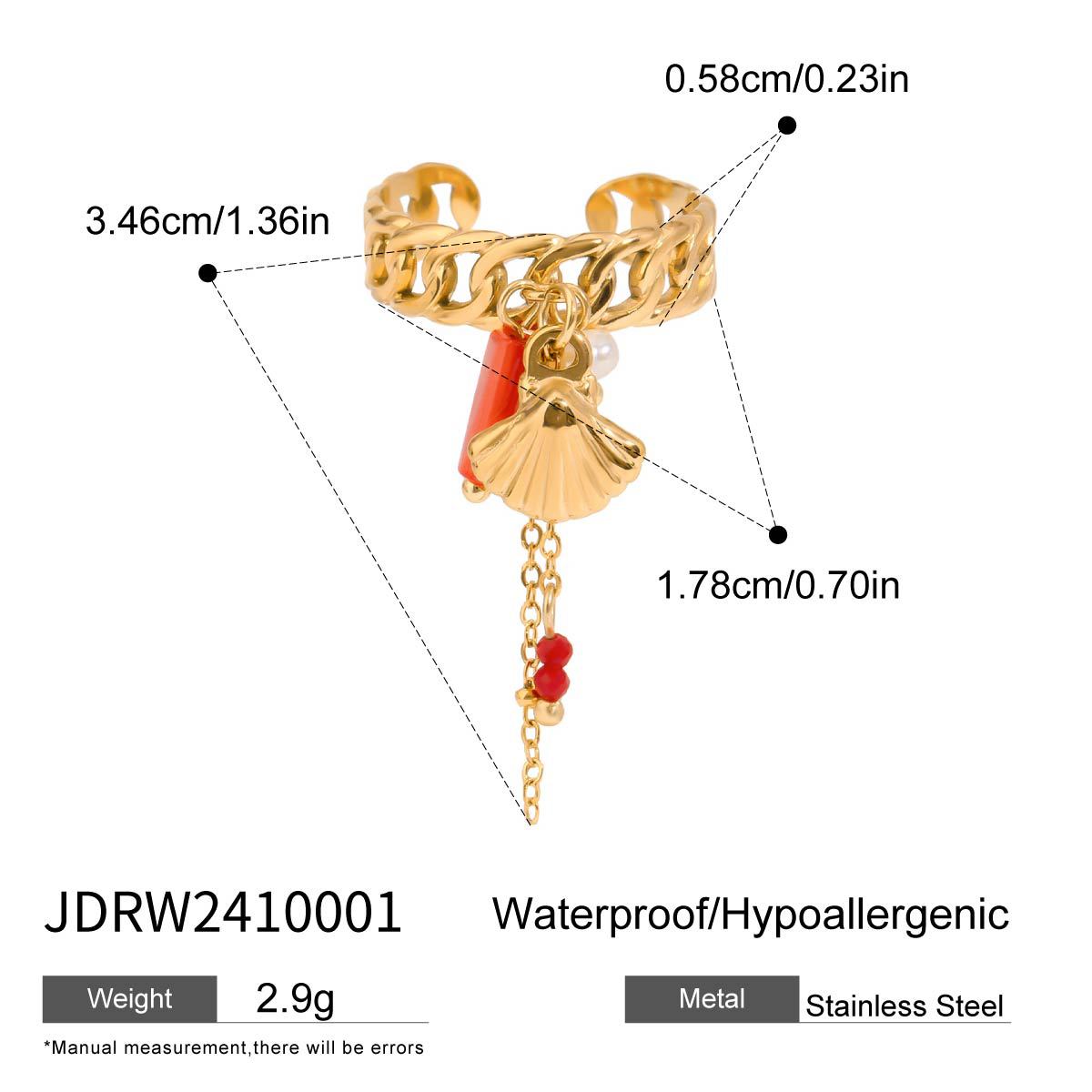 Linked open ring with shell charm and red dangling details