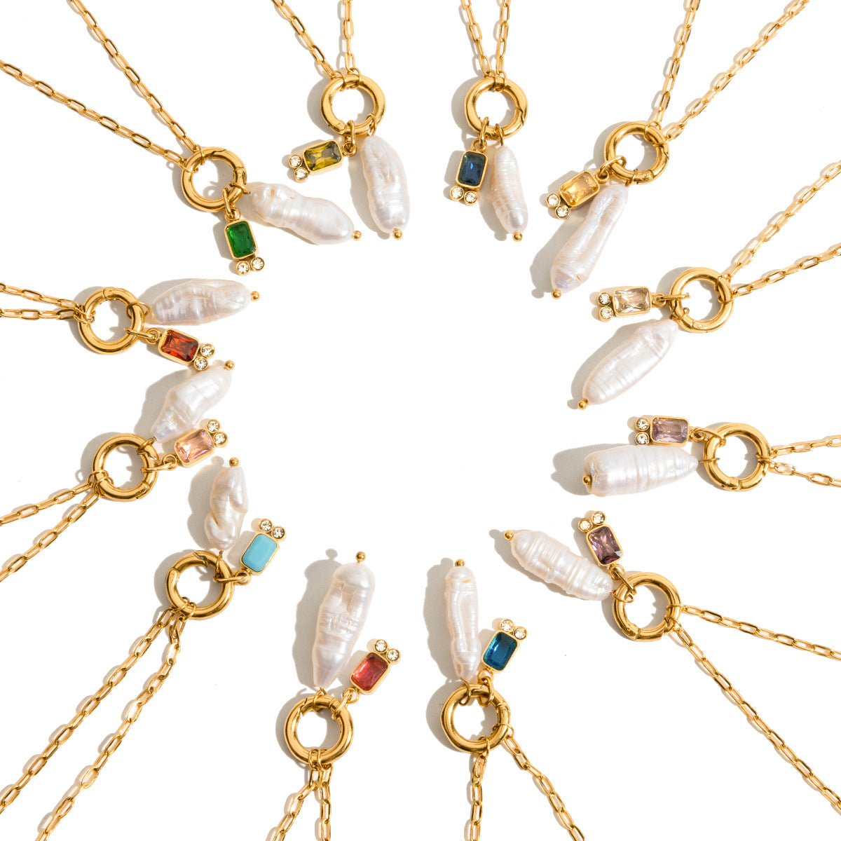 Gold-tone pearl necklace collection front view