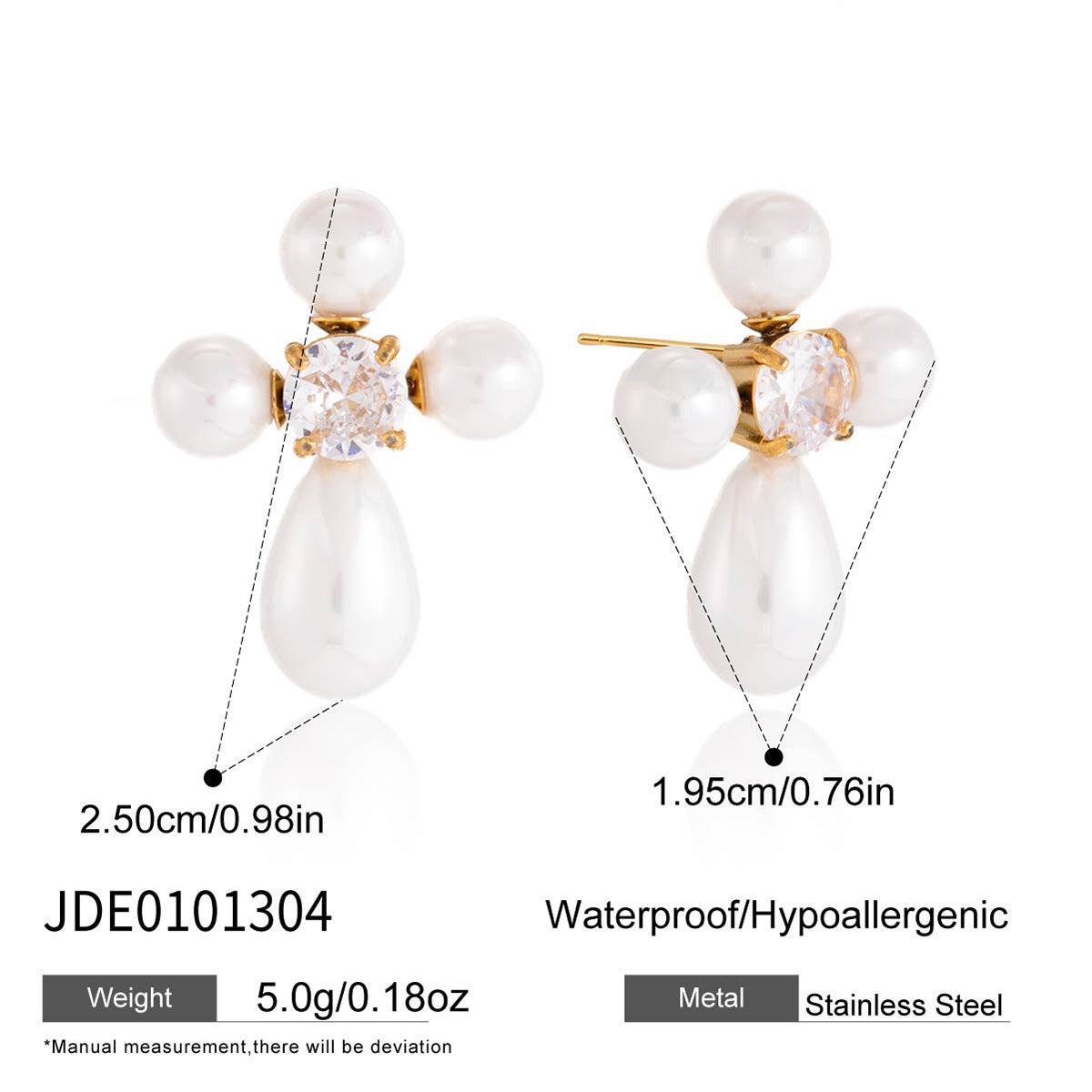 Pearl-look cross stud dimensions and side view