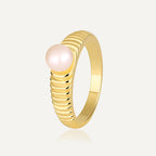 gold plated brass ribbed ring with a round white shell pearl