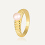 gold plated brass ribbed ring with a round white shell pearl