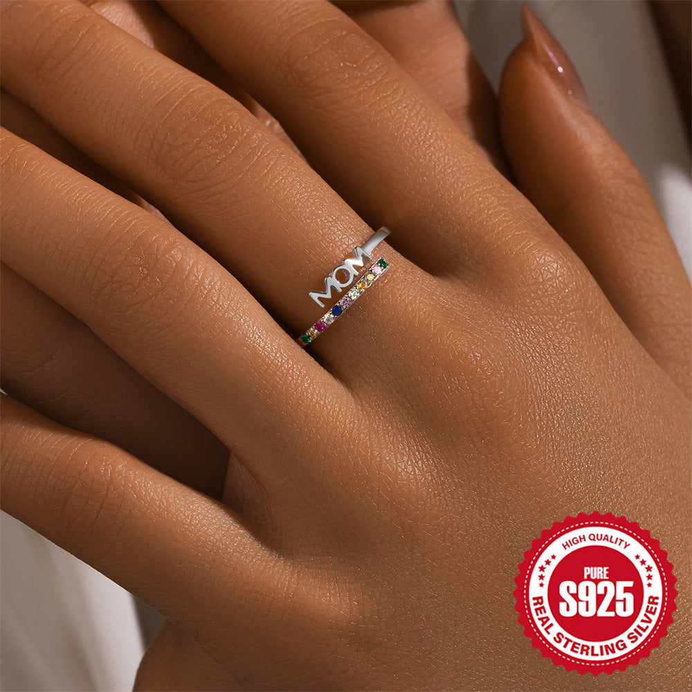 925 Sterling Silver Rainbow Zirconia MOM Ring — silver MOM ring worn on finger
