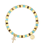 isolated turquoise-color and tiger's eye bracelet with clear stone cross