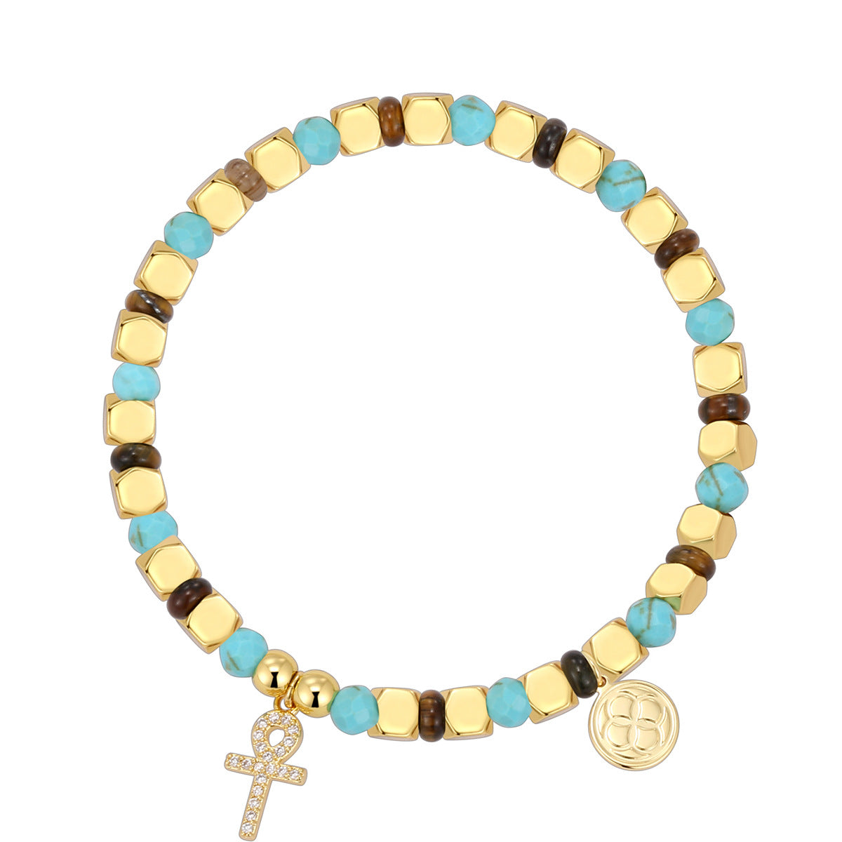 isolated turquoise-color and tiger's eye bracelet with clear stone cross