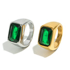 front view of the two green stone signet ring finishes