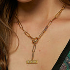 front-worn paperclip chain necklace with rectangular zirconia bar