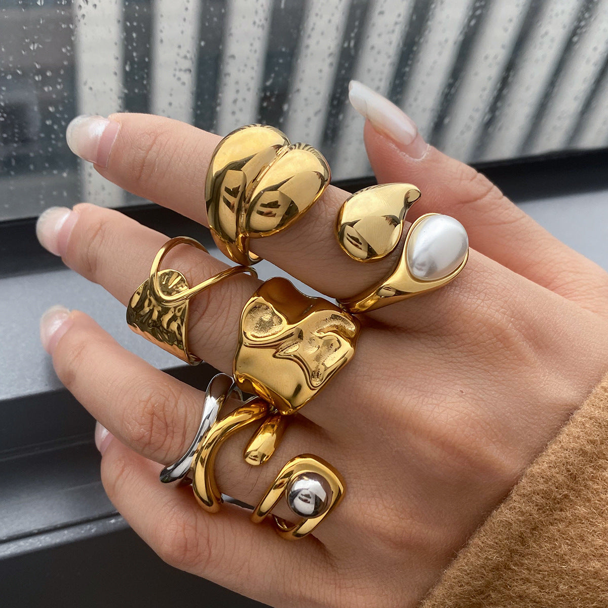 Wholesale Gold-Tone Stainless Steel Sculptural Open Ring Collection - side profile