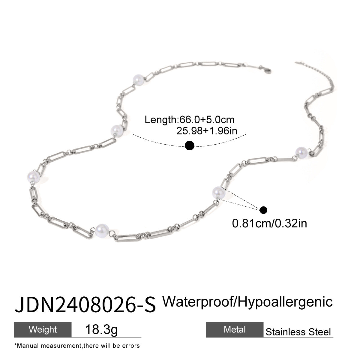 Pearl-Look Beaded Stainless Steel Necklace Collection size and proportion reference