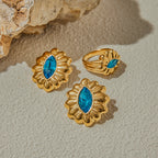 Gold-Tone Blue Zircon Floral Stainless Steel Ring – close-up view