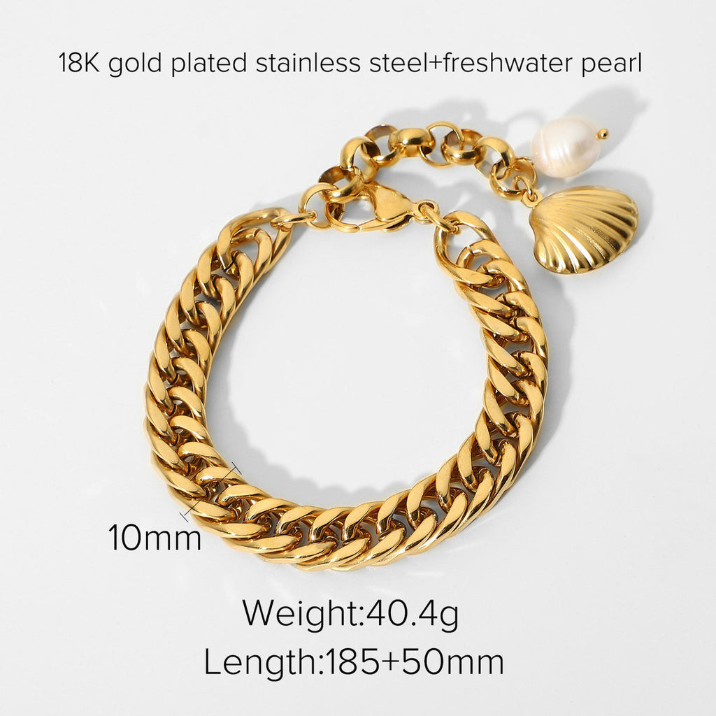 Stainless steel pearl and shell bracelet with specification labels